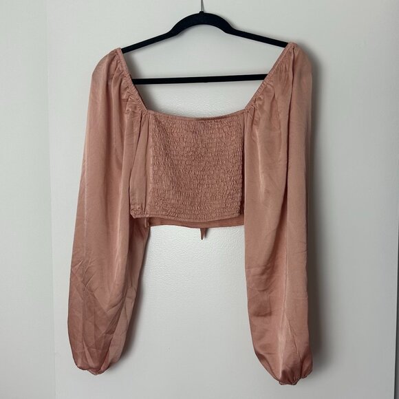 Princess Polly Pink Satin Long Sleeve Crop Top with Bell Sleeves Estee - Picture 3 of 16